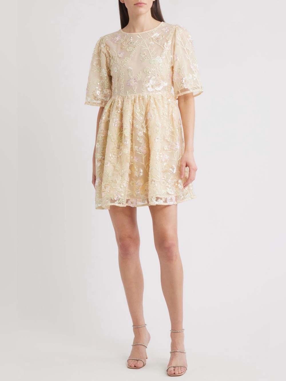 Sister Jane Embroidered Mini Dress in Soft Cream and Pastel Floral